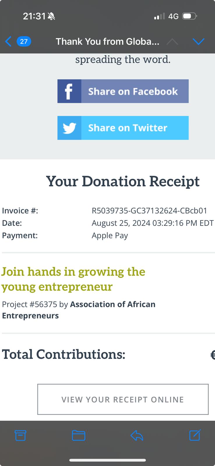 Receipt showing a donation for the Mentoring Program for African Entrepreneurs, highlighting support for sustainable development initiatives